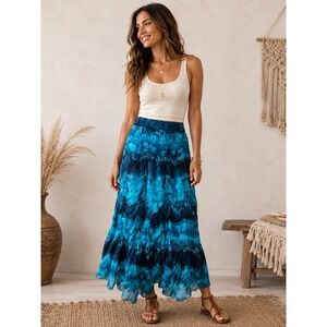Solitaire Blue Tie Dye Cotton Gauze Tiered Maxi Skirt Boho Elastic Waist Small